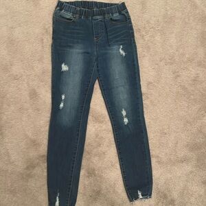 Gray and lace elastic waistband, pull-up stretch, distressed jeans, skinny leg